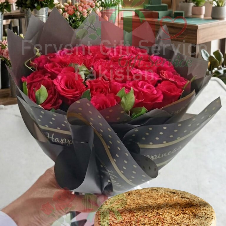 Send Coffee Cake And Black Wrapping Roses Bouquet in Pakistan