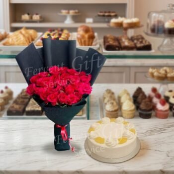 Send Pineapple Cake and Red Roses Surprise Gift Combo across Pakistan online