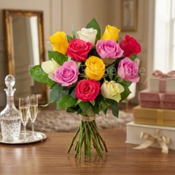 Send Rainbow Elegance Hand-Tied Roses Bouquet Across UK from UAE, Australia & Pakistan